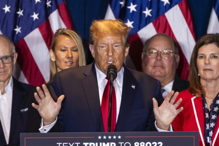 Donald Trump speaks after defeating Nikki Haley in South Carolina's Republican presidential primary
